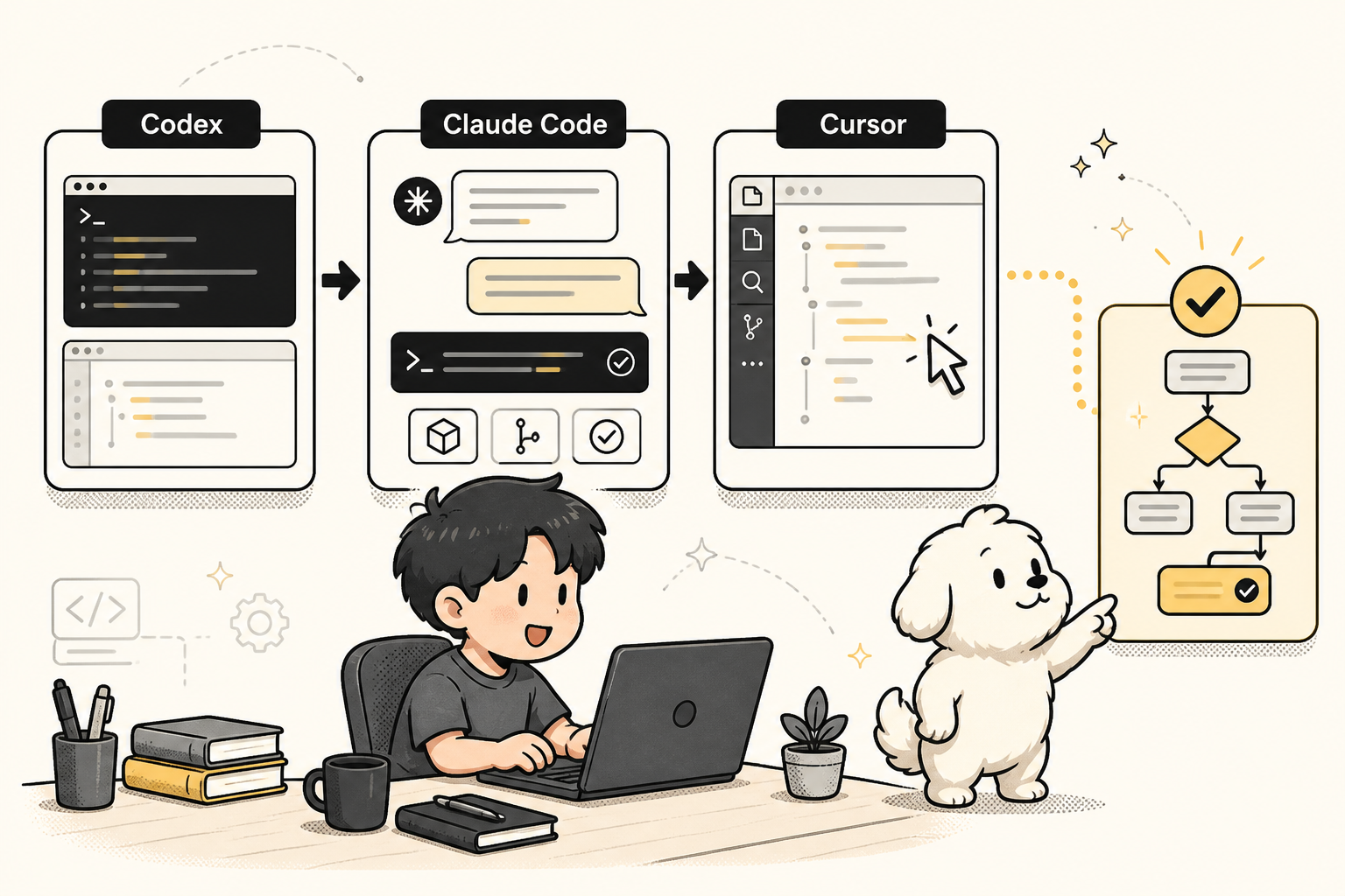 Codex、Claude Code 和 Cursor 的 AI 工作流示意图